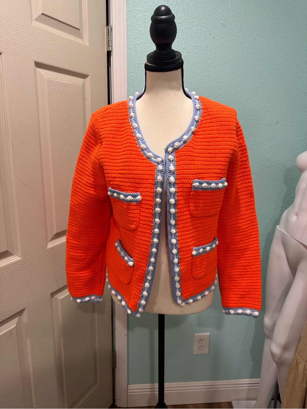 HUNTER BELL Russell Orange Crochet Jacket with Light Blue Trim and Pearl Accents